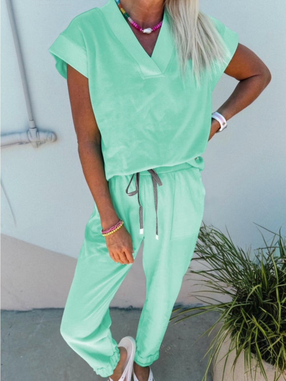 Women's Mint Green Drawstring Two Piece Set